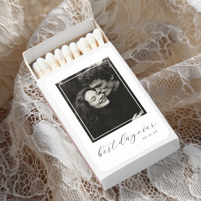 Classic White Best Day Ever Photo Wedding Matchboxes (White wedding matchbox with a black‑and‑white couple photo framed in a thin double border )