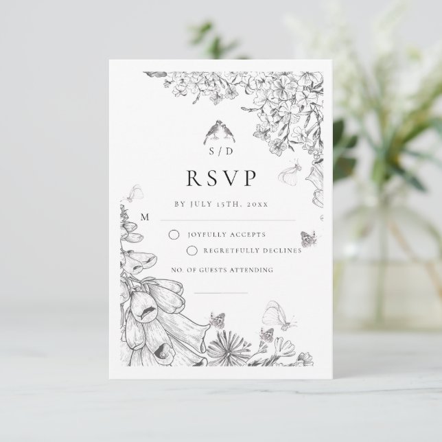 Classic White Black Floral Wedding  RSVP Card (Standing Front)
