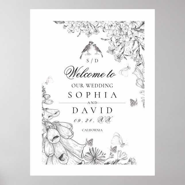 Classic White Black Floral Wedding Welcome  Poster (Front)