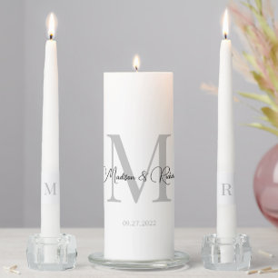 Classic White Black Gray Monogram Wedding Unity Candle Set