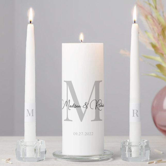 Classic White Black Gray Monogram Wedding Unity Candle Set (In Situ)