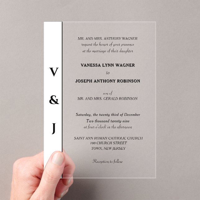Classic White Black Modern Wedding Acrylic Invitations (Insitu (Handheld))