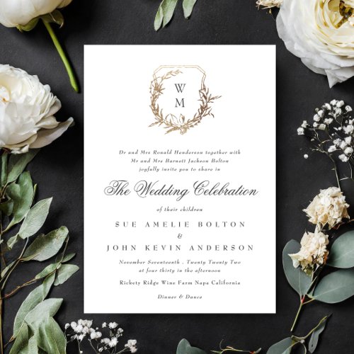 classic white black monogram wedding gold crest invitation