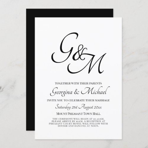 Classic White Black Monogram Wedding Invitation