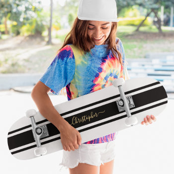 Classic White Black Racing Stripes Gold Monogram Skateboard by iCoolCreate at Zazzle