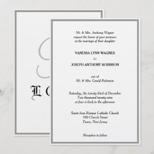 Classic White Black Silver Monogram Wedding Invitation