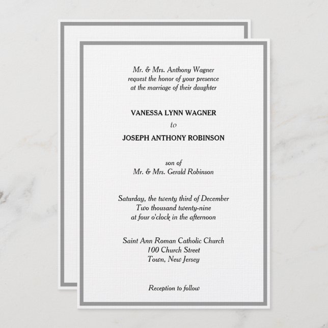 Classic White Black Silver Monogram Wedding  Invitation (Front/Back)