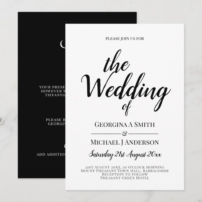 Classic White Black Typography Wedding Invitation (Front/Back)