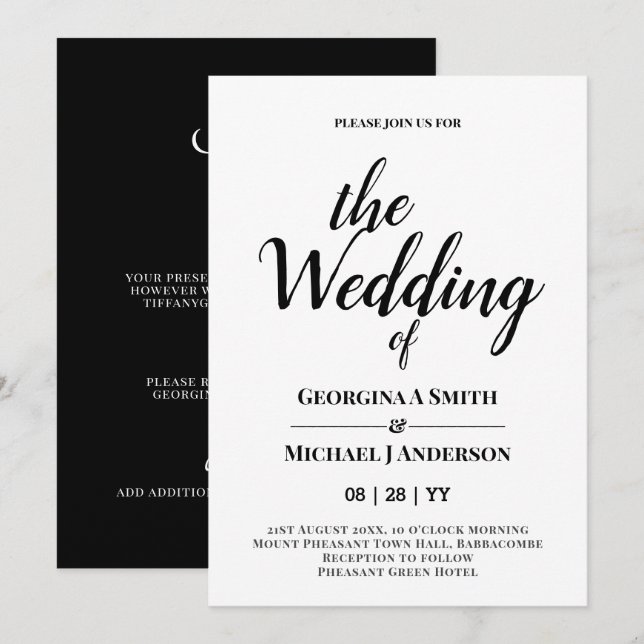 Classic White Black Typography Wedding Invitation (Front/Back)