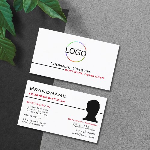 Classic White Black with Logo  Photo Professional Business Card