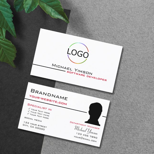 Classic White Black with Logo & Photo Professional Business Card (Creator Uploaded)