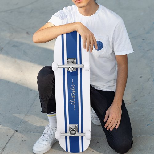 Classic White Blue Racing Stripes Gold Monogrammed Skateboard