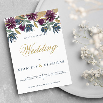Classic White Burgundy Blue Gold Floral Wedding Invitation by kicksdesign at Zazzle