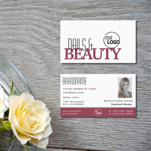 Classic White Burgundy with Logo and Photo Stylish Business Card