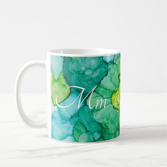 Classic white coffee mug "Blue-Greens Flowers" (Left)