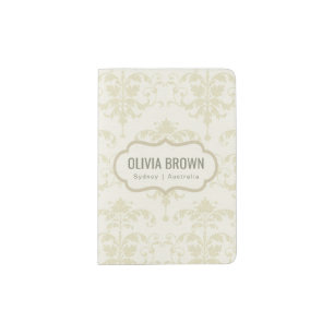 CLASSIC WHITE CREAM LEATHER DAMASK PRINT MONOGRAM PASSPORT HOLDER