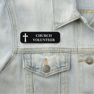 Classic White Cross Black Church Volunteer Name Tag