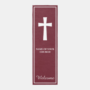 Classic White Cross Burgundy Church Welcome Outdoor Rug