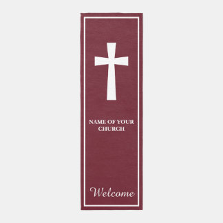 Classic White Cross Burgundy Church Welcome Outdoor Rug