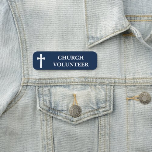 Classic White Cross Navy Blue Church Volunteer Name Tag
