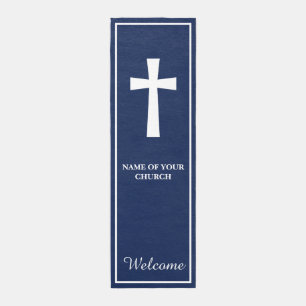 Classic White Cross Navy Blue Church Welcome Outdoor Rug