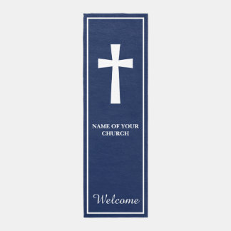 Classic White Cross Navy Blue Church Welcome Outdoor Rug