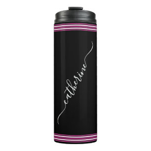 Classic White Cursive Script Name Hot Pink Black Thermal Tumbler