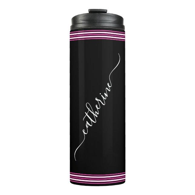 Classic White Cursive Script Name Hot Pink Black Thermal Tumbler (Front)