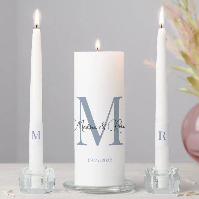 Classic White Dusty Blue Monogram Wedding Unity Candle Set (In Situ)