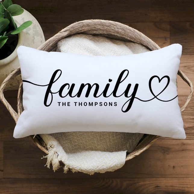 Classic White Family Heart Script Monogram Lumbar Pillow (Creator Uploaded)