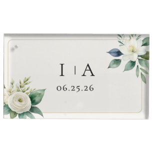 Classic White Floral Botanical Greenery Wedding Place Card Holder