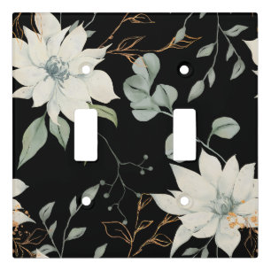 Classic White Floral Botanical on Black Light Switch Cover