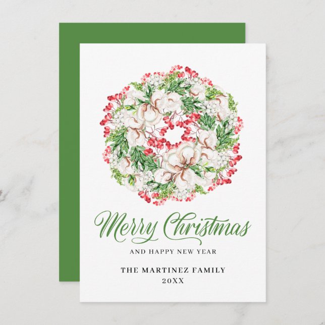 Classic White Floral Red Berry Wreath Christmas Holiday Card (Front/Back)
