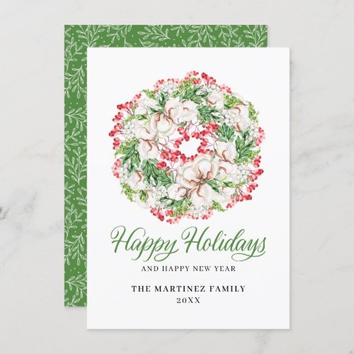 Classic White Floral Red Berry Wreath Christmas Holiday Card