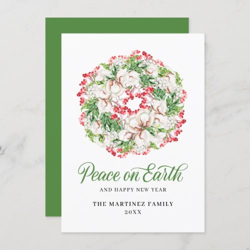 Classic White Floral Red Berry Wreath Christmas Holiday Card