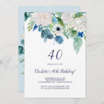 Classic White Flowers 40th Birthday Party Invitation<br><div class="desc">This classic white flowers 40th birthday party invitation is perfect for a spring birthday party. The elegant floral design features soft ivory and white roses,  peonies,  and chrysanthemum with touches of periwinkle blue watercolor flowers and green foliage.</div>
