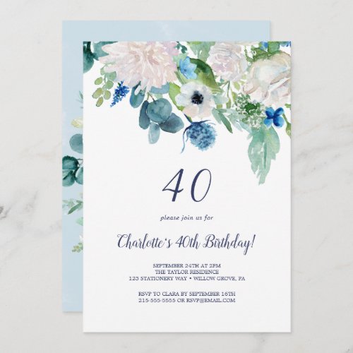 Classic White Flowers 40th Birthday Party Invitation