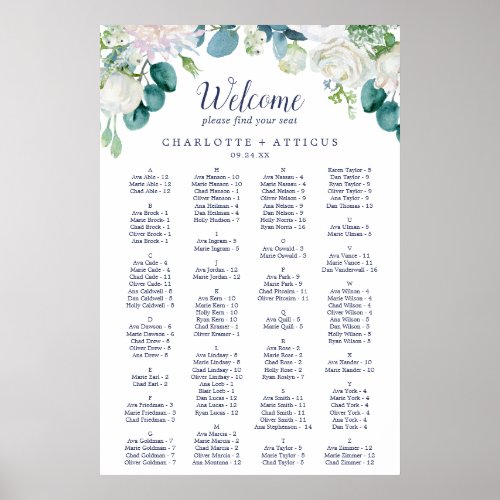 Classic White Flowers Alphabetical Seating Chart