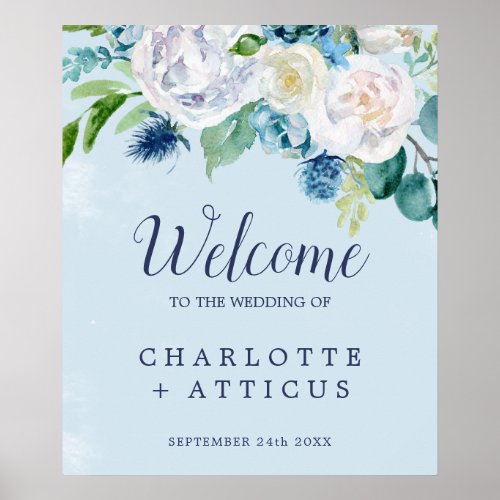 Classic White Flowers  Blue Welcome Wedding Poster