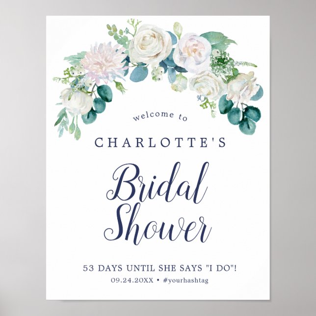 Classic White Flowers Bridal Shower Welcome Poster (Front)