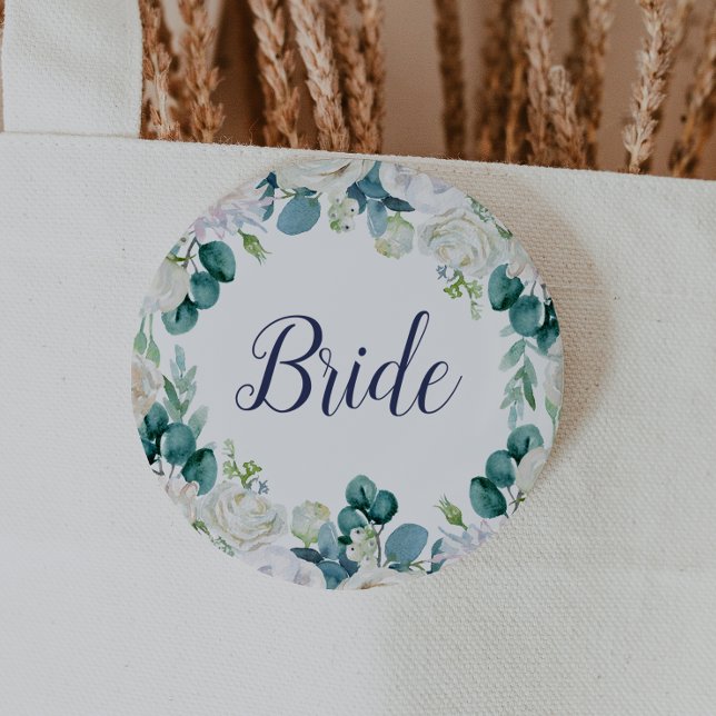 Classic White Flowers Bride Bridal Shower Button (Creator Uploaded)