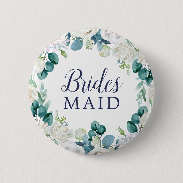 Classic White Flowers Bridesmaid Bridal Shower Button (Front)