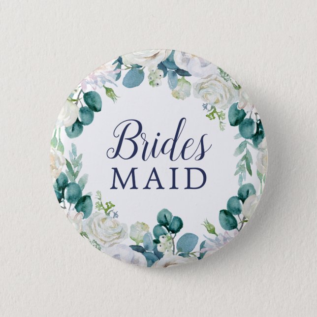 Classic White Flowers Bridesmaid Bridal Shower Button (Front)