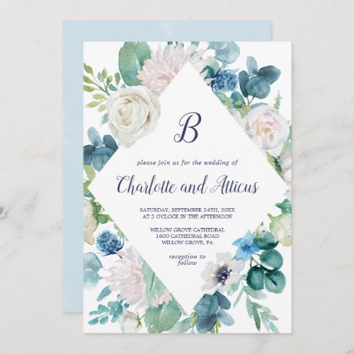 Classic White Flowers Diamond Monogram Wedding Invitation