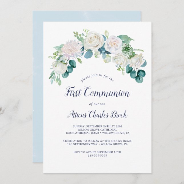 Classic White Flowers First Communion Invitation (Front/Back)