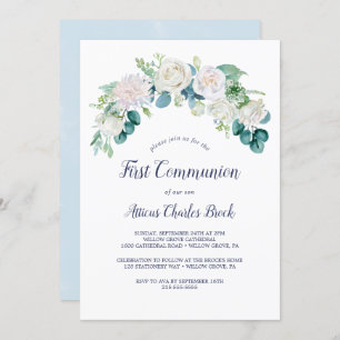 Classic White Flowers First Communion Invitation