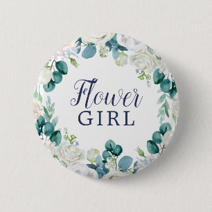 Classic White Flowers Flower Girl Bridal Shower Button