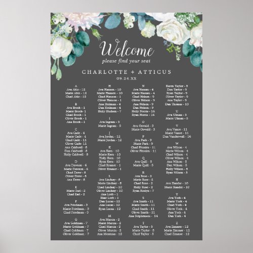 Classic White Flowers Grey Alphabetical Seating Poster