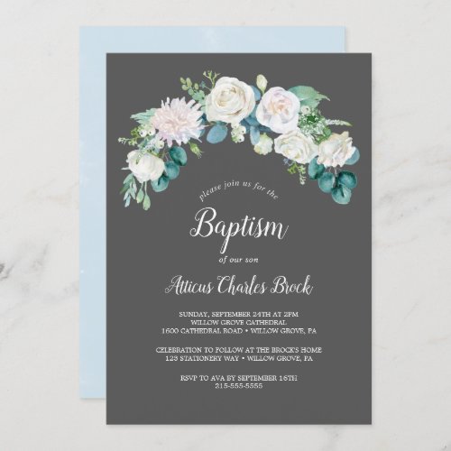 Classic White Flowers  Grey Baptism Invitation