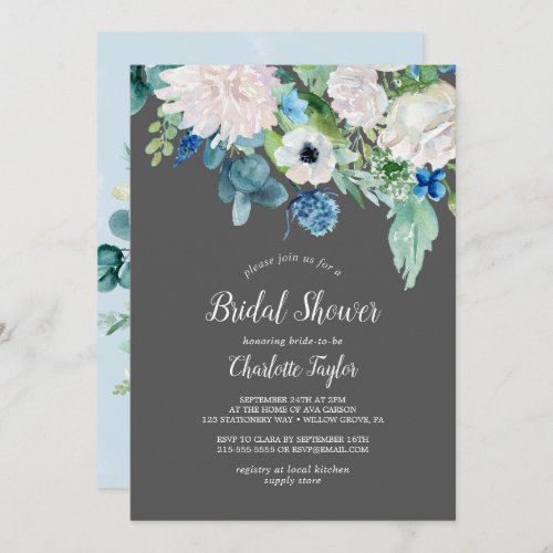 Classic White Flowers  Grey Bridal Shower Invitation